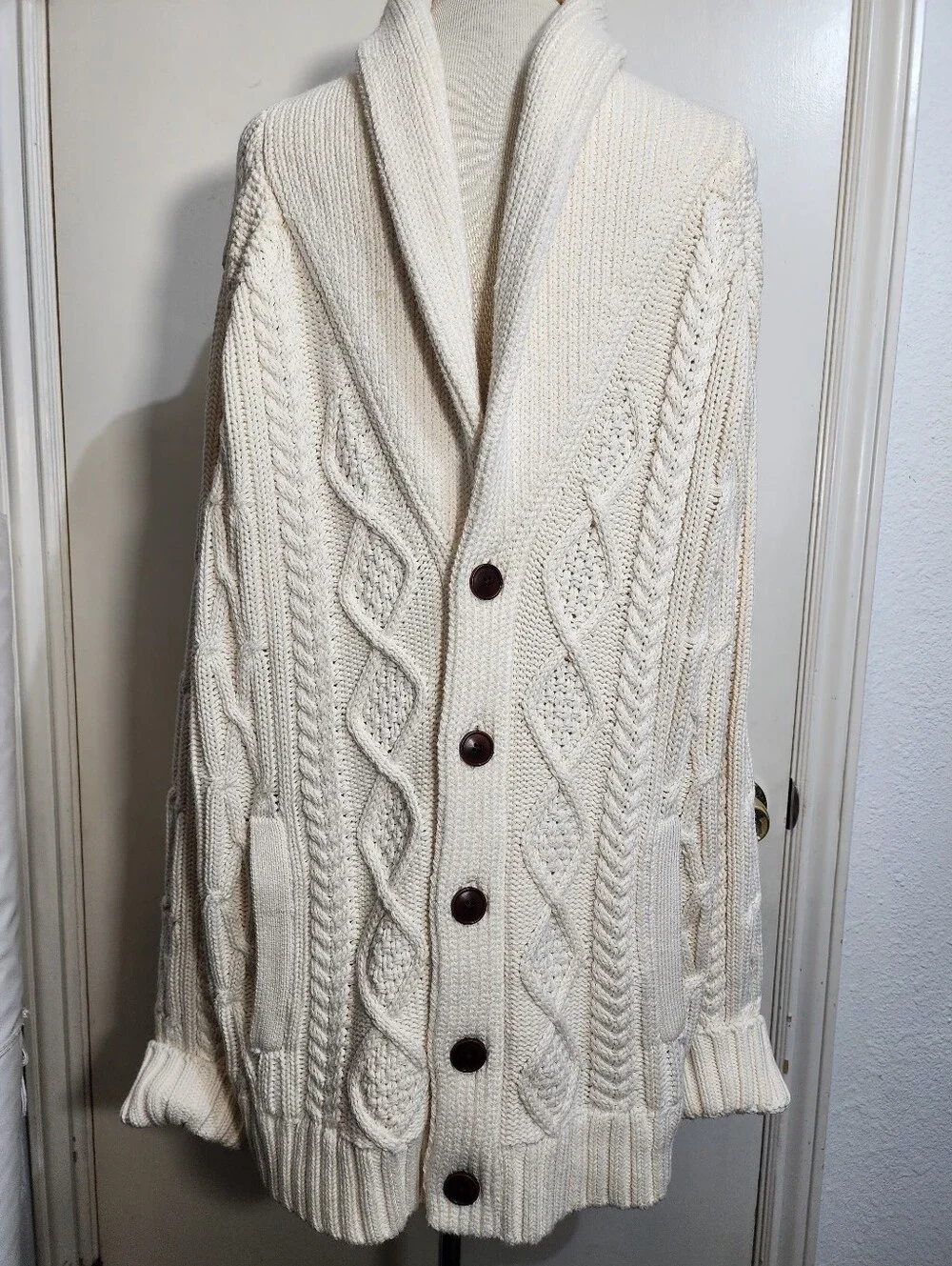 Banana Republic Men Cable Knit Shawl Collar Cardigan Sweater Ivory XXL Tall